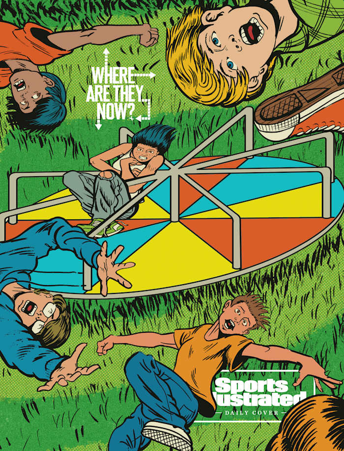 Illustration of kids flying off a spinner